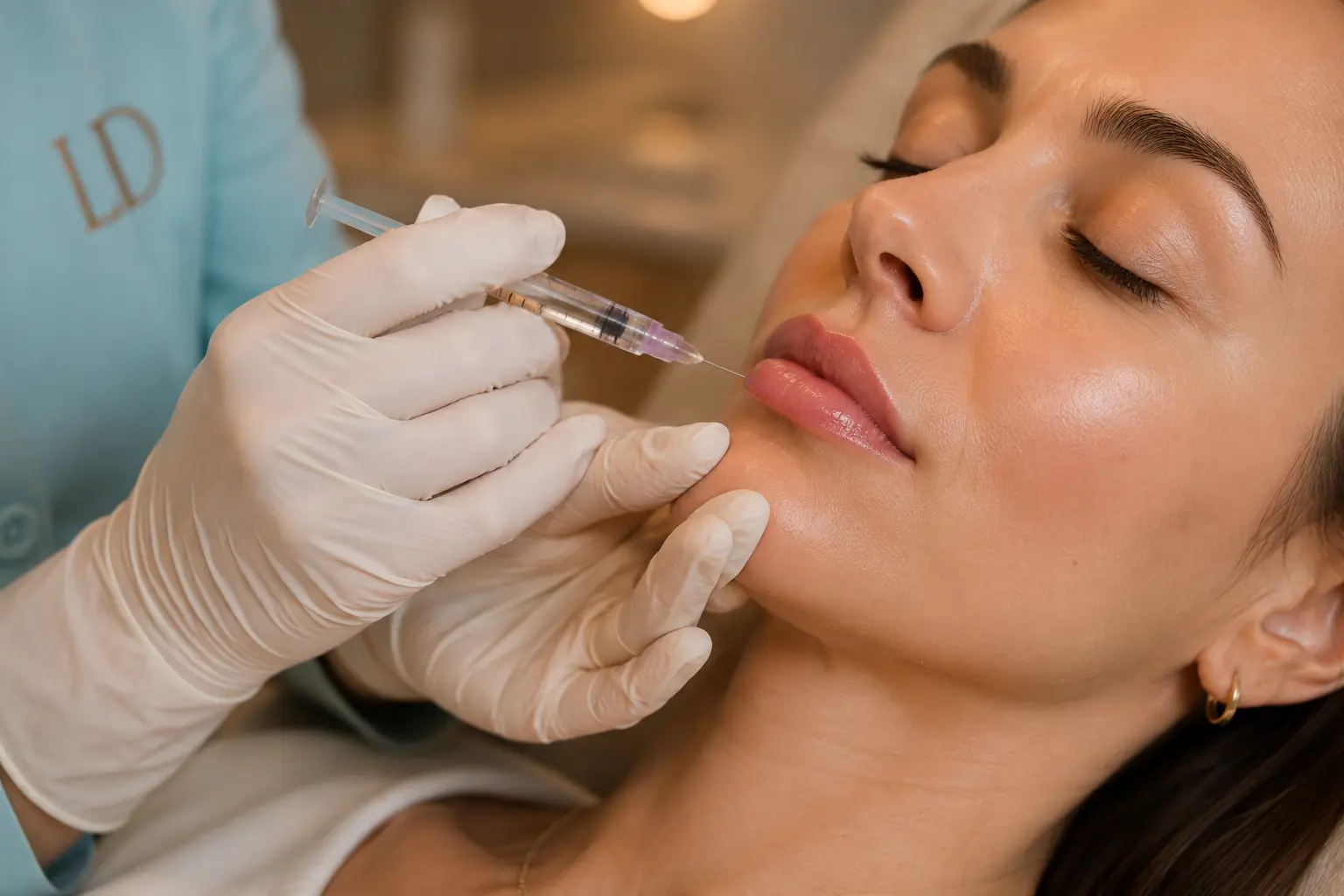 Procedimento de preenchimento labial realizado com precisão