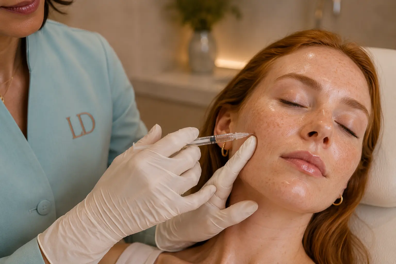 Procedimento facial de skinbooster em paciente ruiva